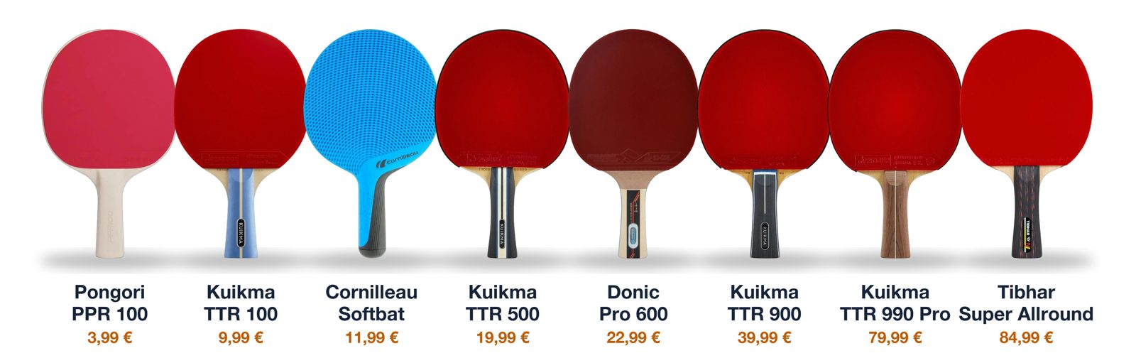 Les 8 raquettes de ping-pong de la sélection alignées par prix, de la Pongori PPR 100 à 3,99 € à la Tibhar Super Allround à 84,99 €